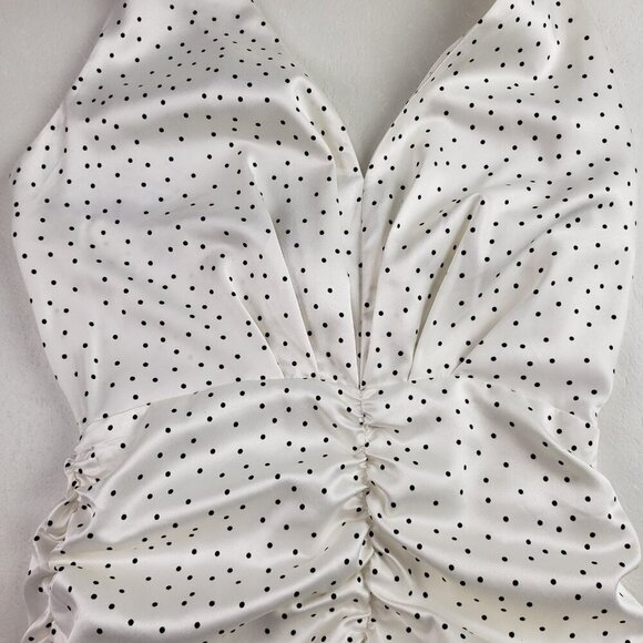 Zara Ruched Mini Halter Dress Womens Small White Black Polka Dot V Neck NEW - Picture 4 of 15